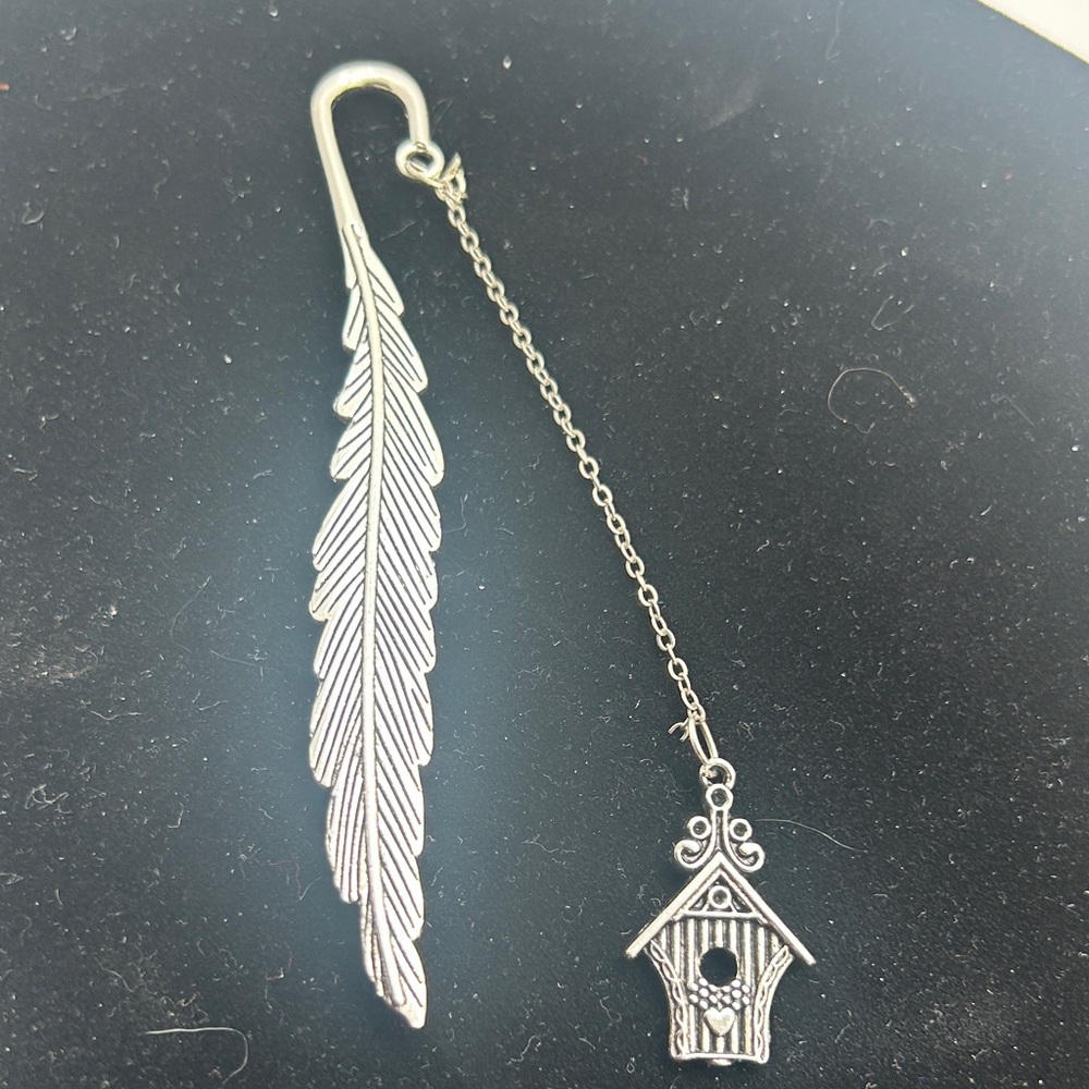 Silver Feather Bookmark with Birdhouse Charm